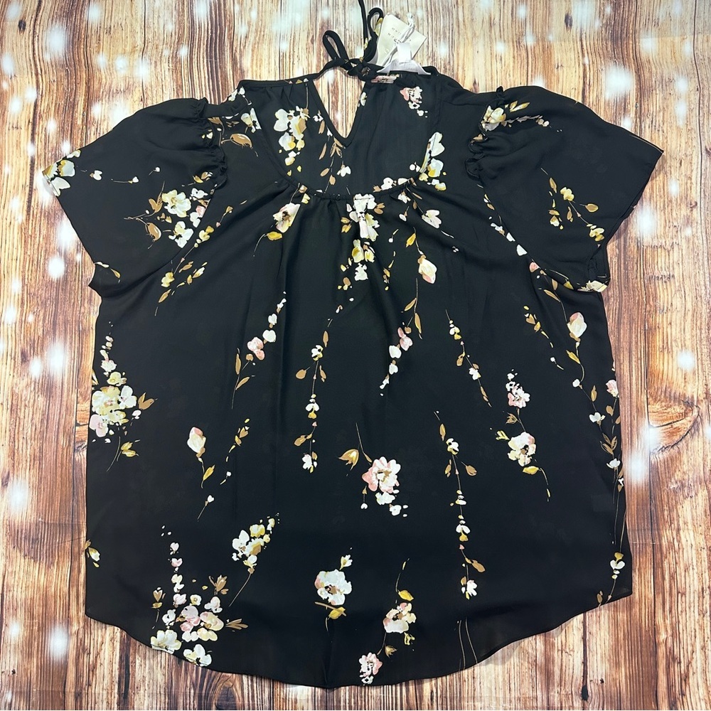 LC Lauren Conrad Blouse Top Womens Black Floral Round Neck Pleated Pullover L